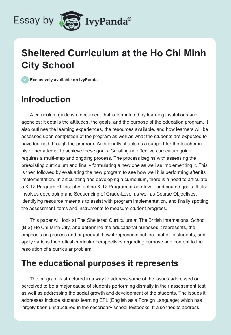Sheltered Curriculum at the Ho Chi Minh City School. Page 1