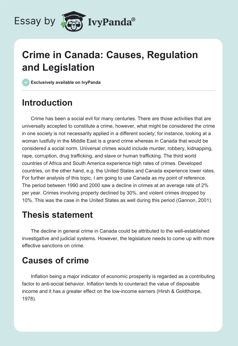 Crime in Canada: Causes, Regulation and Legislation. Page 1