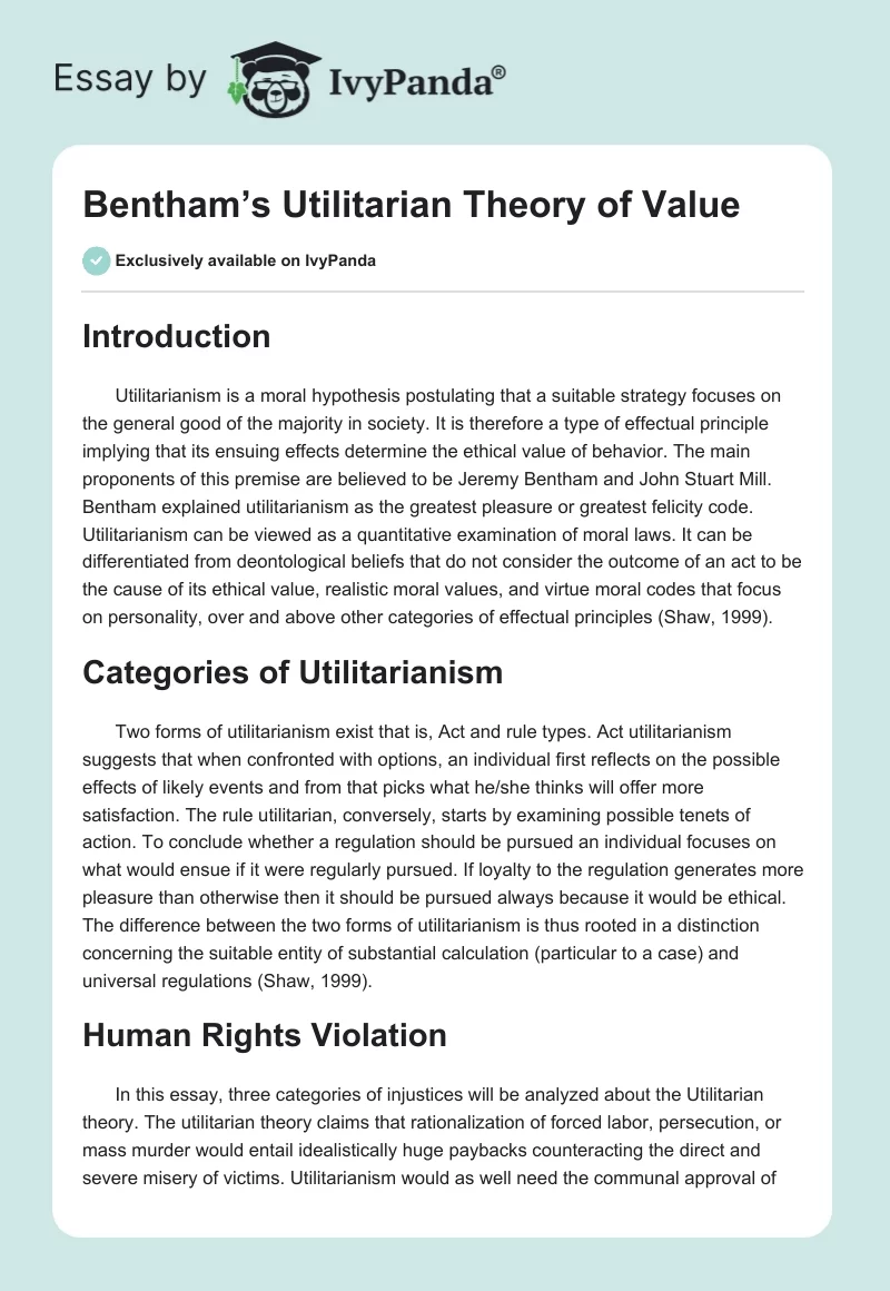 Bentham’s Utilitarian Theory of Value. Page 1