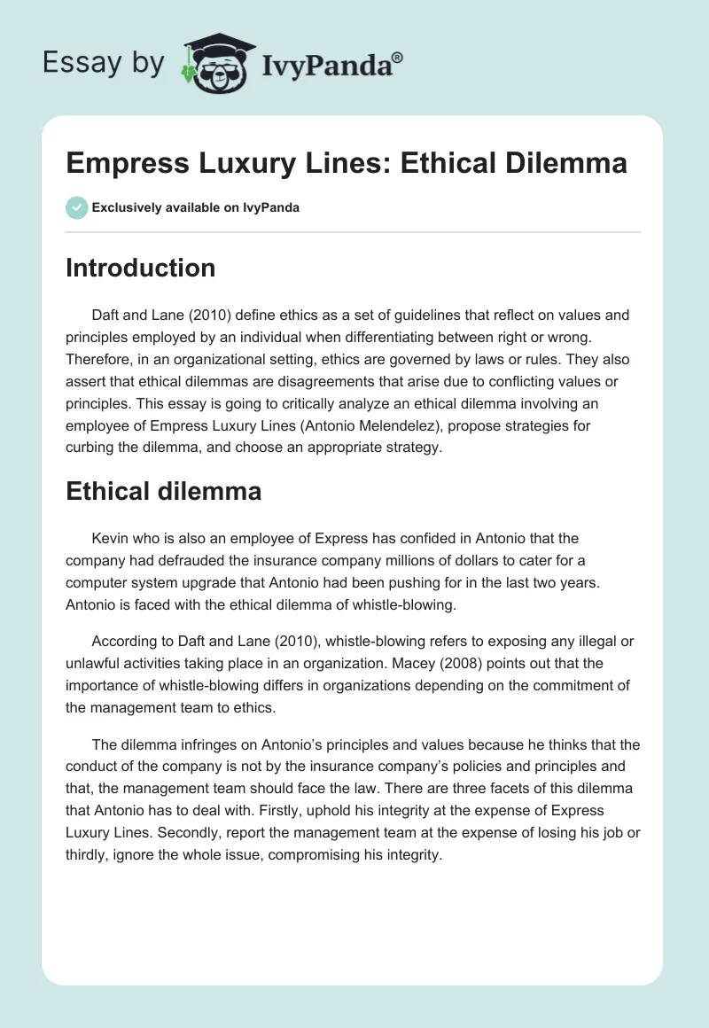 Empress Luxury Lines: Ethical Dilemma. Page 1