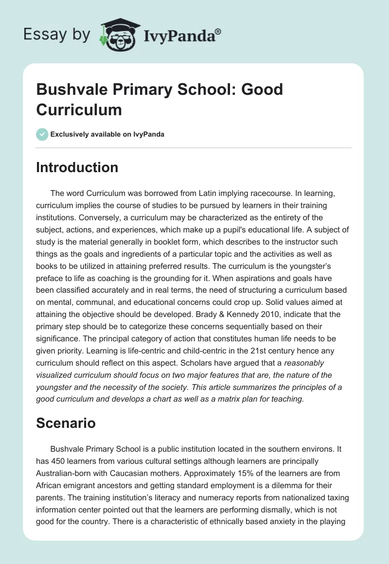 Bushvale Primary School: Good Curriculum. Page 1