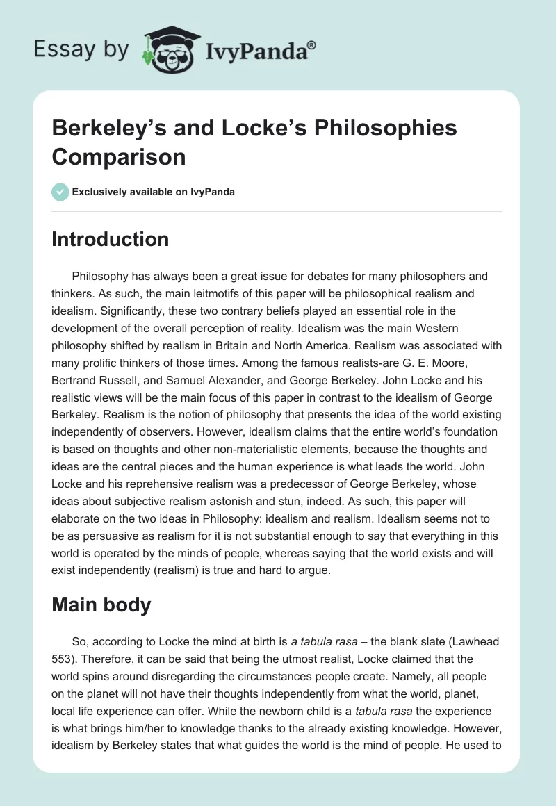Berkeley’s and Locke’s Philosophies Comparison. Page 1