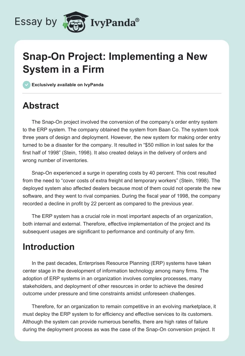 Snap-On Project: Implementing a New System in a Firm. Page 1
