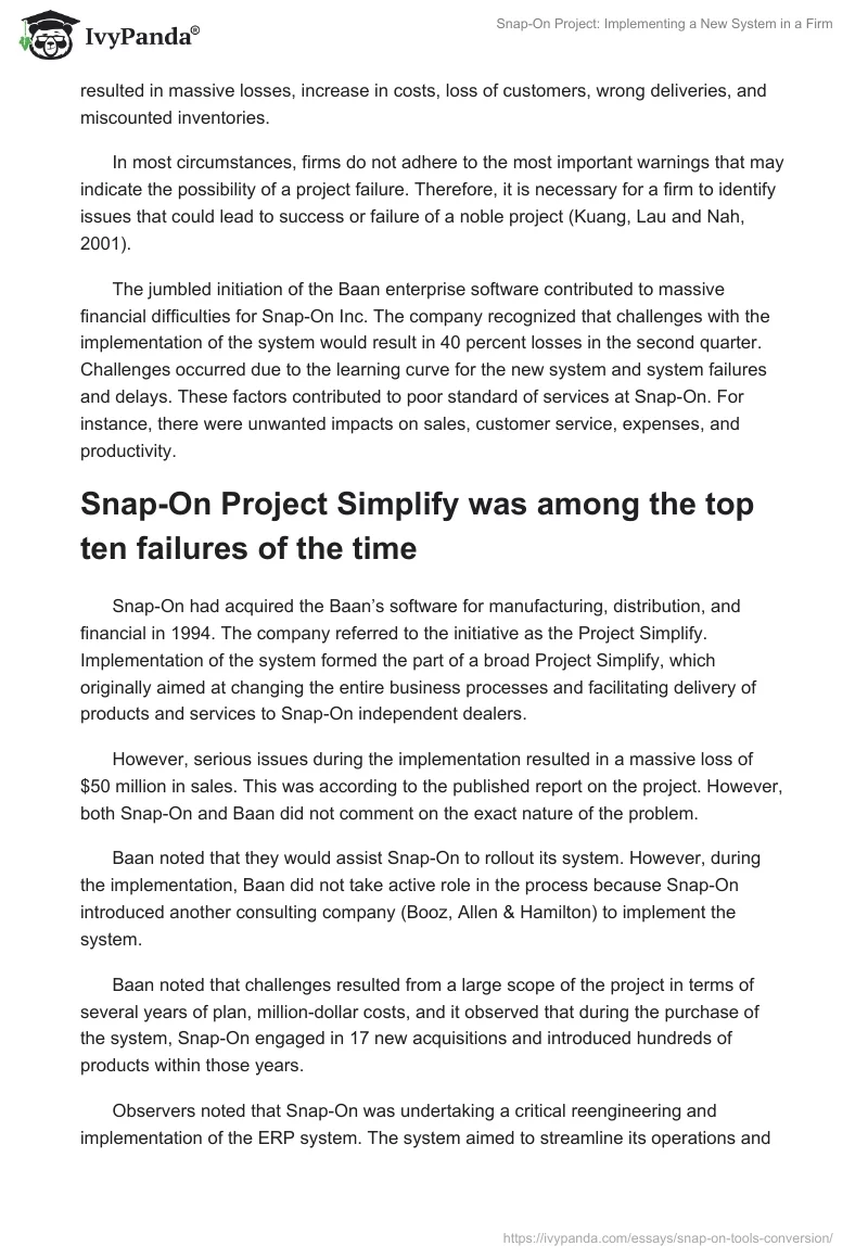 Snap-On Project: Implementing a New System in a Firm. Page 2