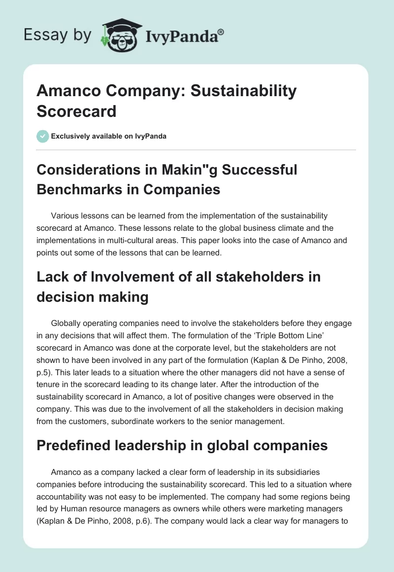 Amanco Company: Sustainability Scorecard. Page 1