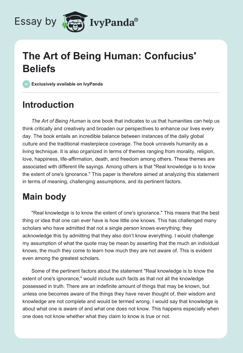 The Art of Being Human: Confucius' Beliefs. Page 1