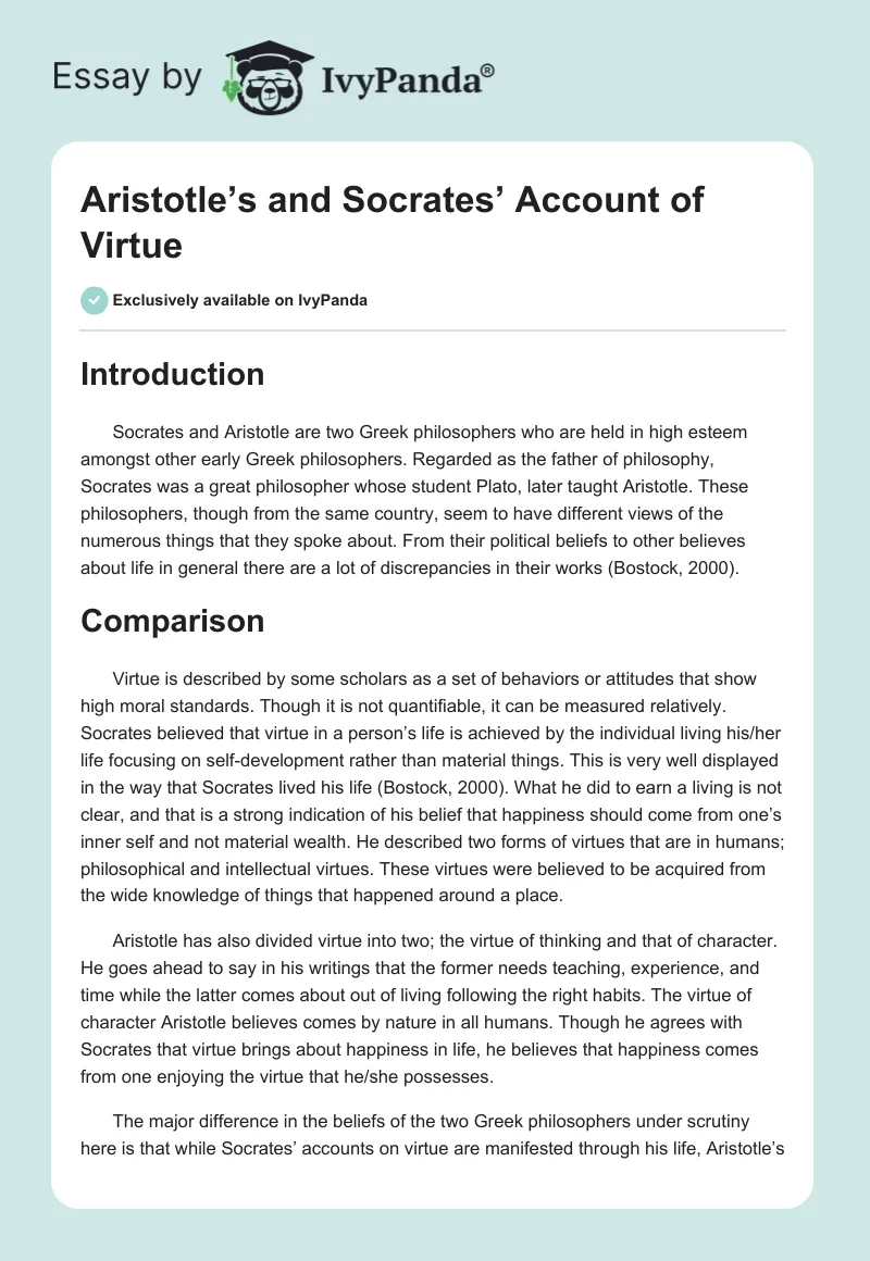 Aristotle’s and Socrates’ Account of Virtue. Page 1