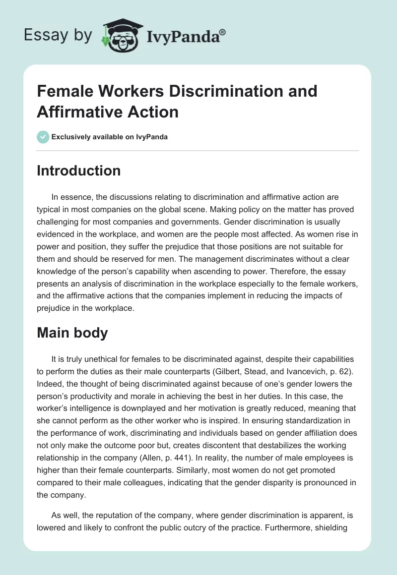 Female Workers Discrimination and Affirmative Action. Page 1