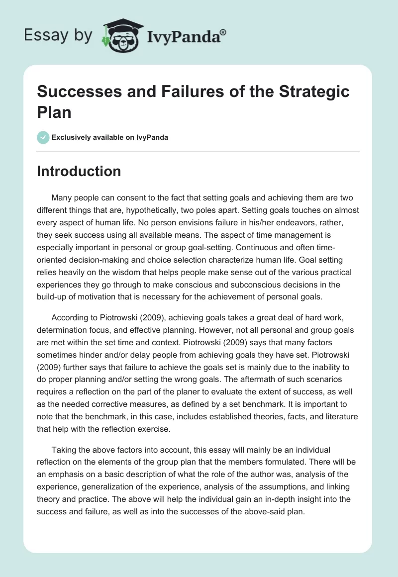 Successes and Failures of the Strategic Plan. Page 1