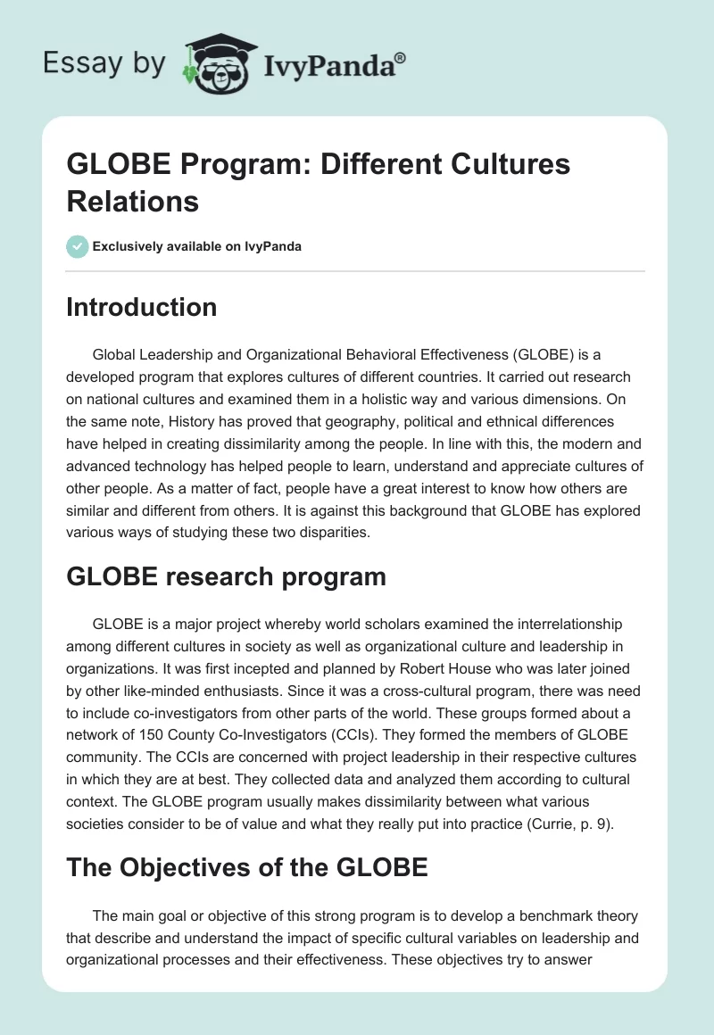 GLOBE Program: Different Cultures Relations. Page 1
