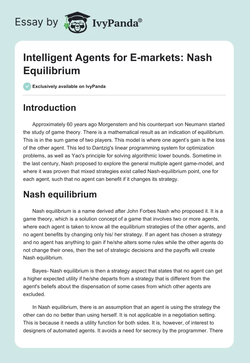 Intelligent Agents for E-markets: Nash Equilibrium. Page 1
