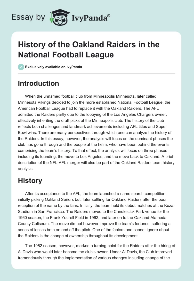 History of the Oakland Raiders in the National Football League. Page 1