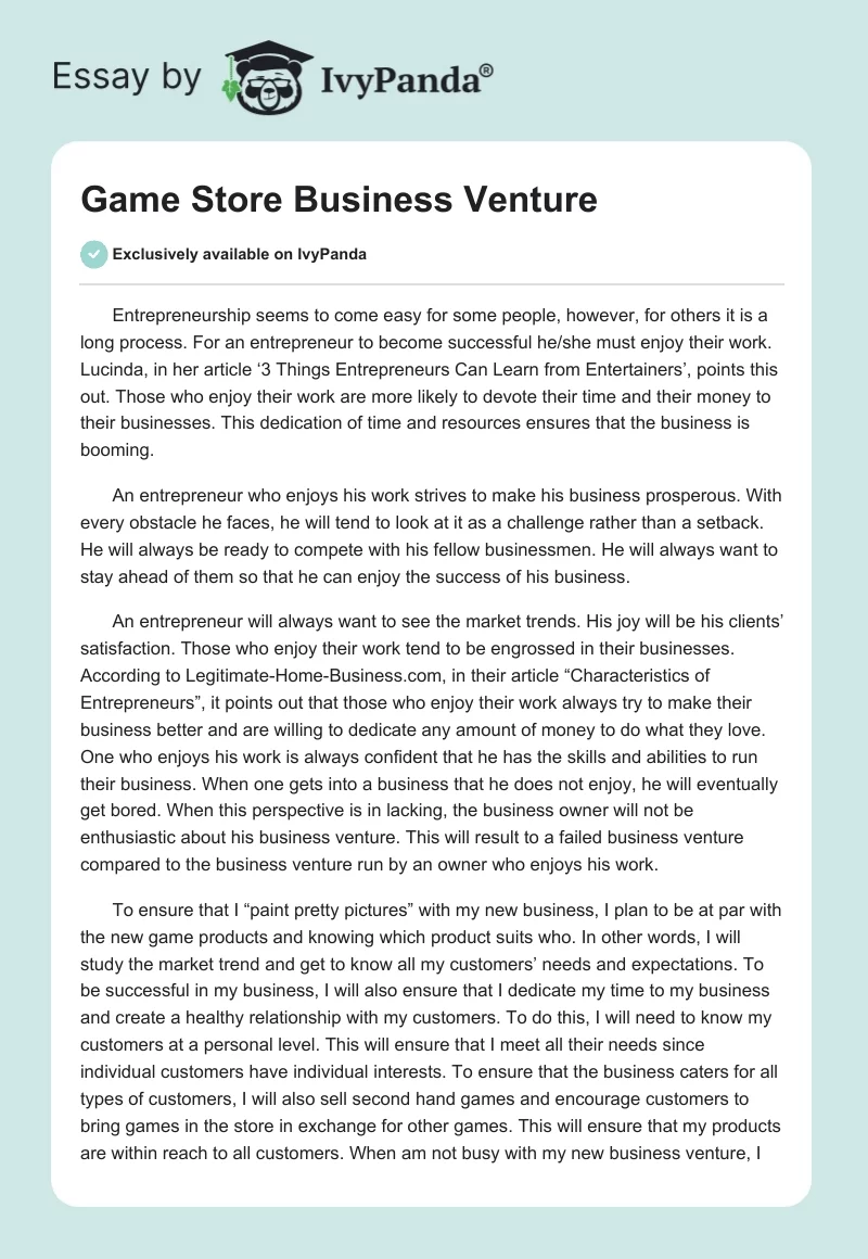Game Store Business Venture. Page 1