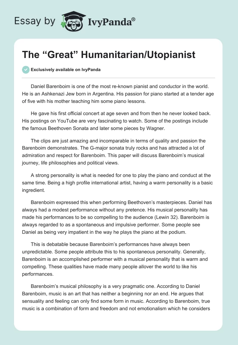 The “Great” Humanitarian/Utopianist. Page 1