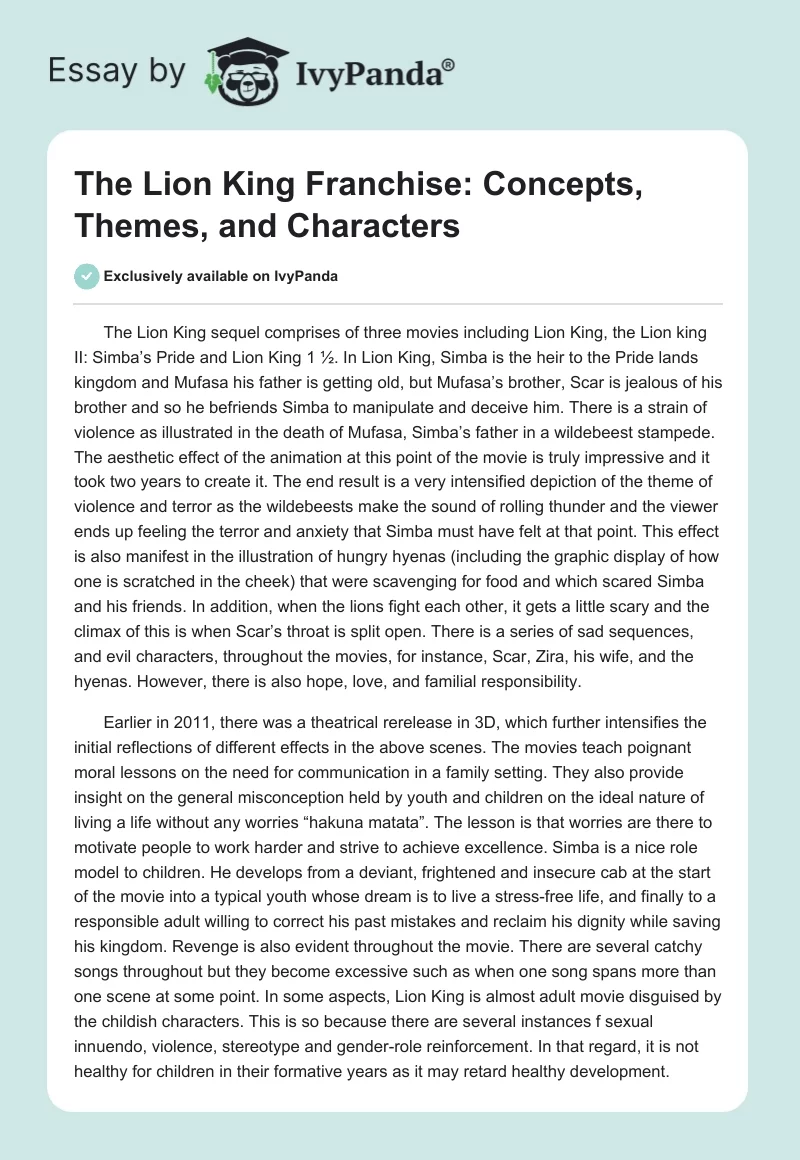 "The Lion King" Franchise: Concepts, Themes, and Characters. Page 1