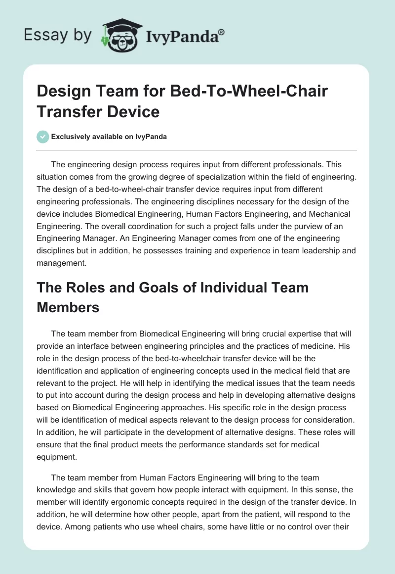 Design Team for Bed-To-Wheel-Chair Transfer Device. Page 1