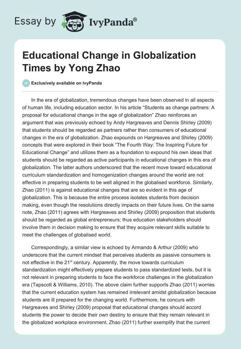 Educational Change in Globalization Times by Yong Zhao. Page 1