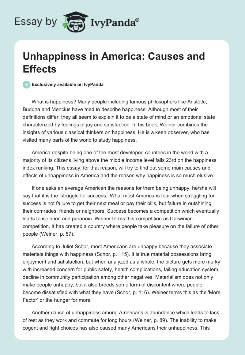 Unhappiness in America: Causes and Effects. Page 1