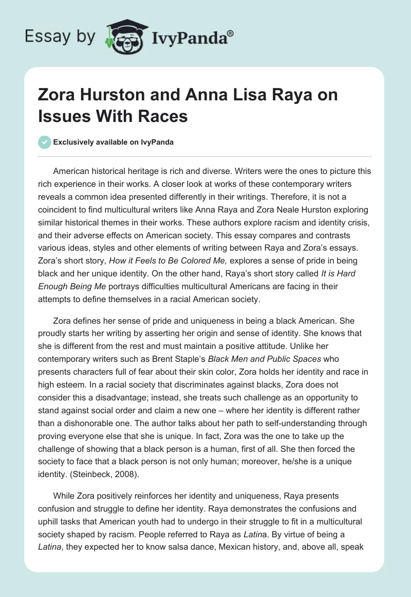 Zora Hurston and Anna Lisa Raya on Issues With Races. Page 1