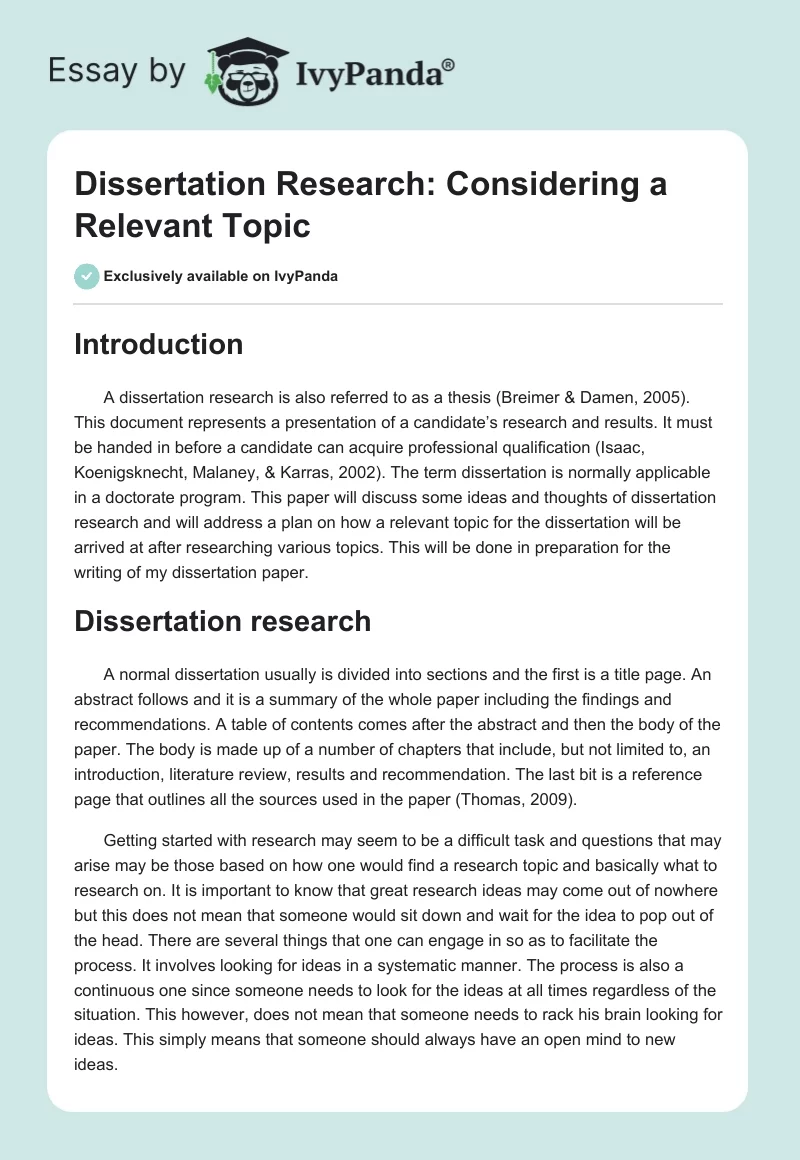 Dissertation Research: Considering a Relevant Topic. Page 1