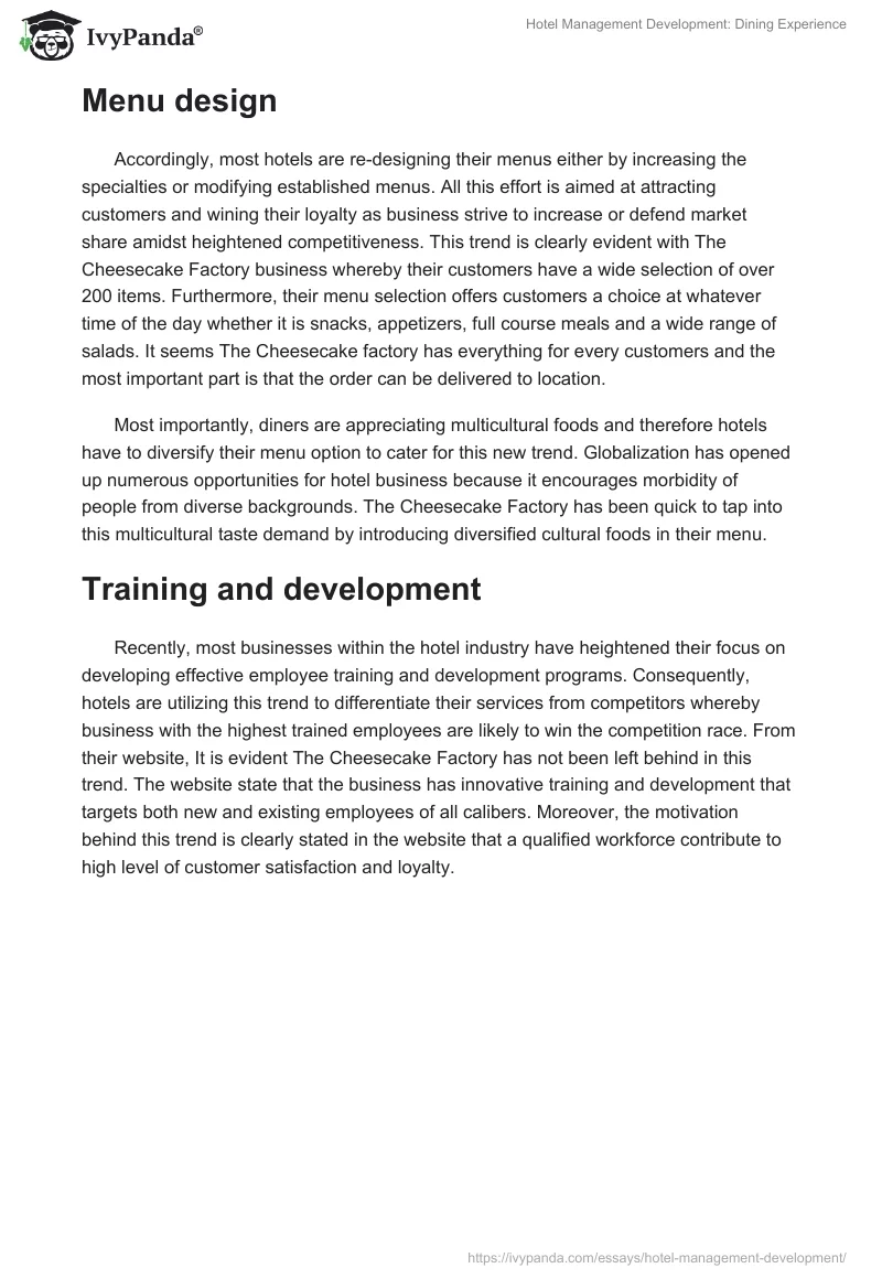 Hotel Management Development: Dining Experience. Page 2