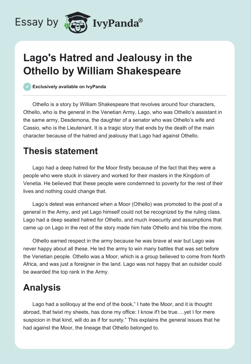 Lago's Hatred and Jealousy in the "Othello" by William Shakespeare. Page 1