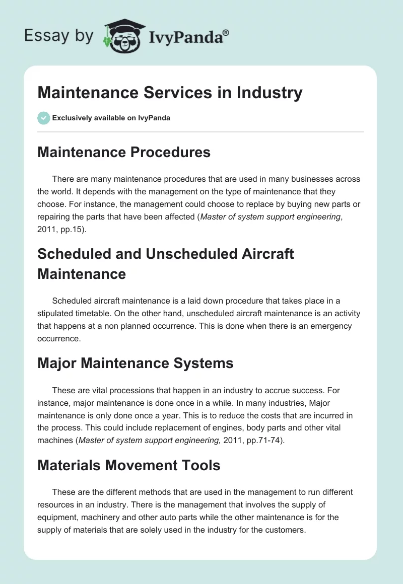 Maintenance Services in Industry. Page 1
