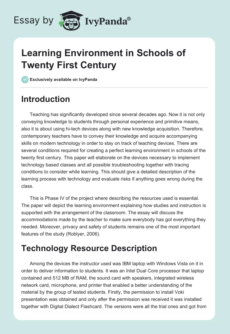Learning Environment in Schools of Twenty First Century. Page 1