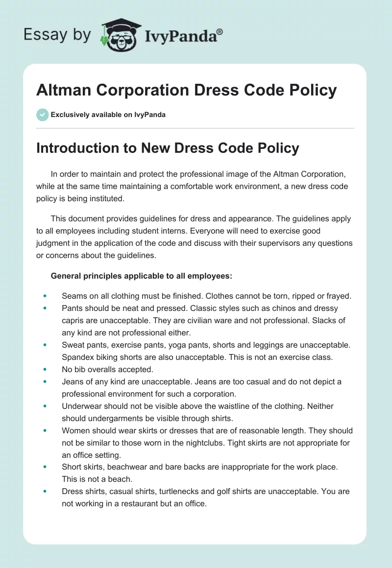 Altman Corporation Dress Code Policy. Page 1