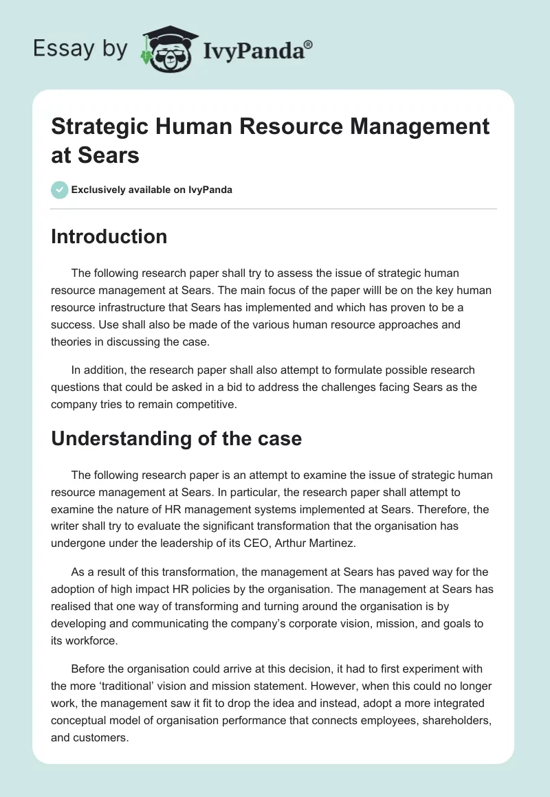 Strategic Human Resource Management at Sears. Page 1