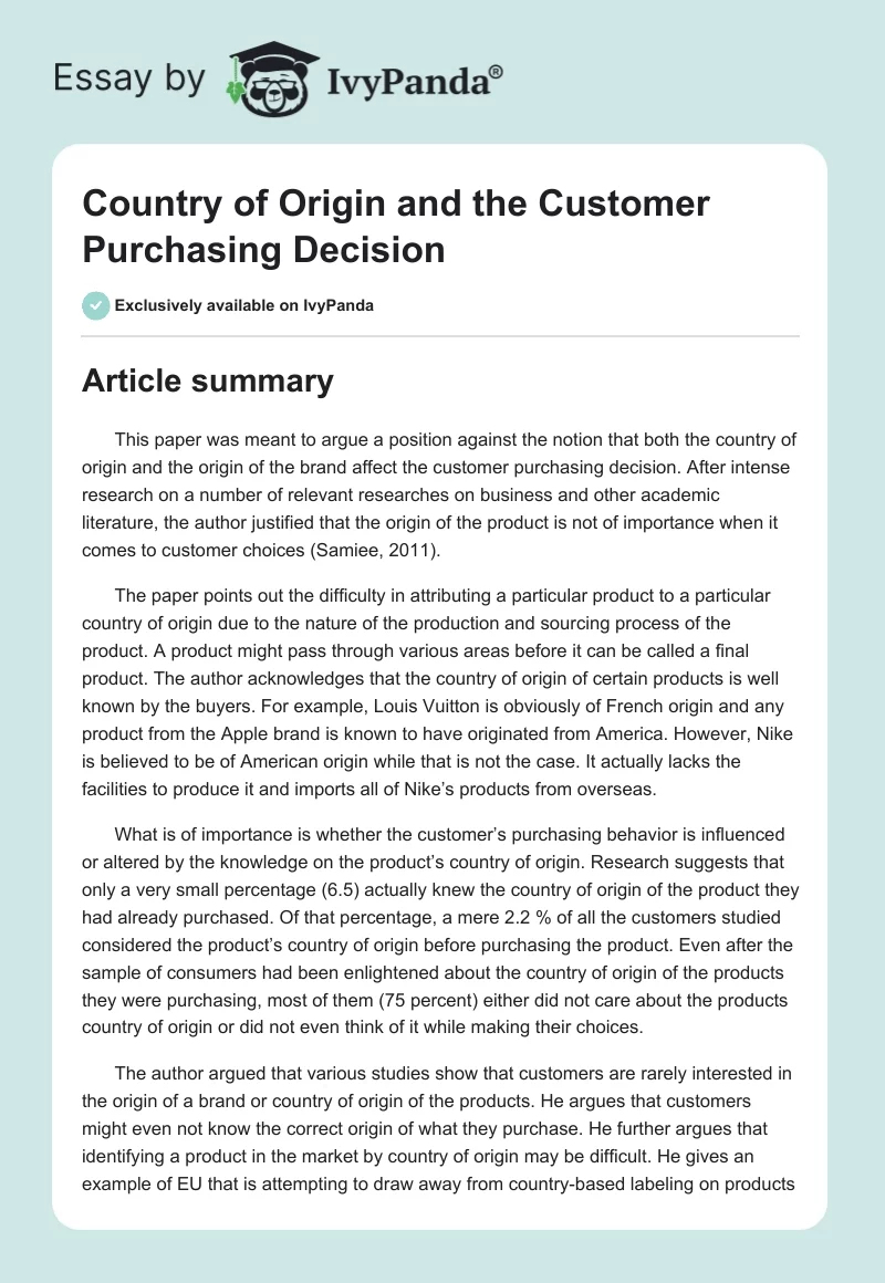 Country of Origin and the Customer Purchasing Decision. Page 1