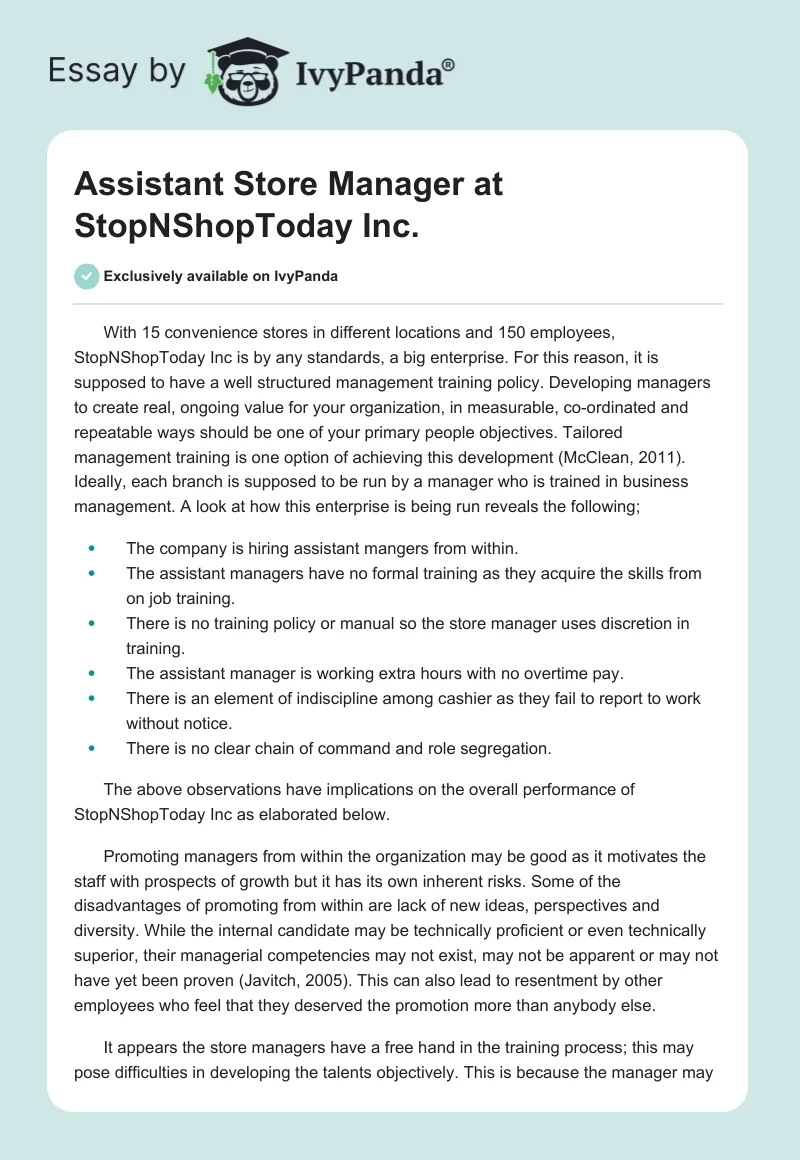 Assistant Store Manager at StopNShopToday Inc.. Page 1