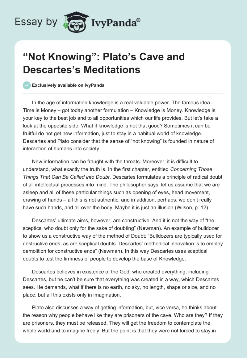 “Not Knowing”: Plato’s Cave and Descartes’s Meditations. Page 1