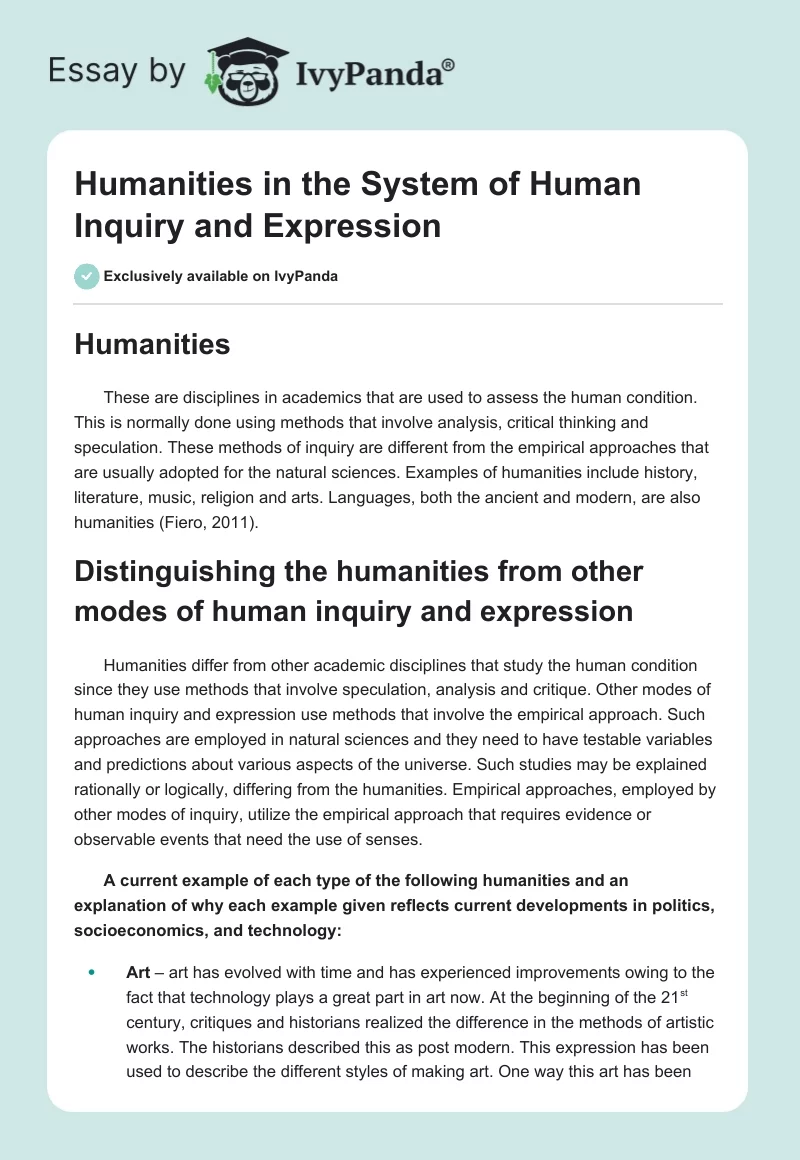 Humanities in the System of Human Inquiry and Expression. Page 1