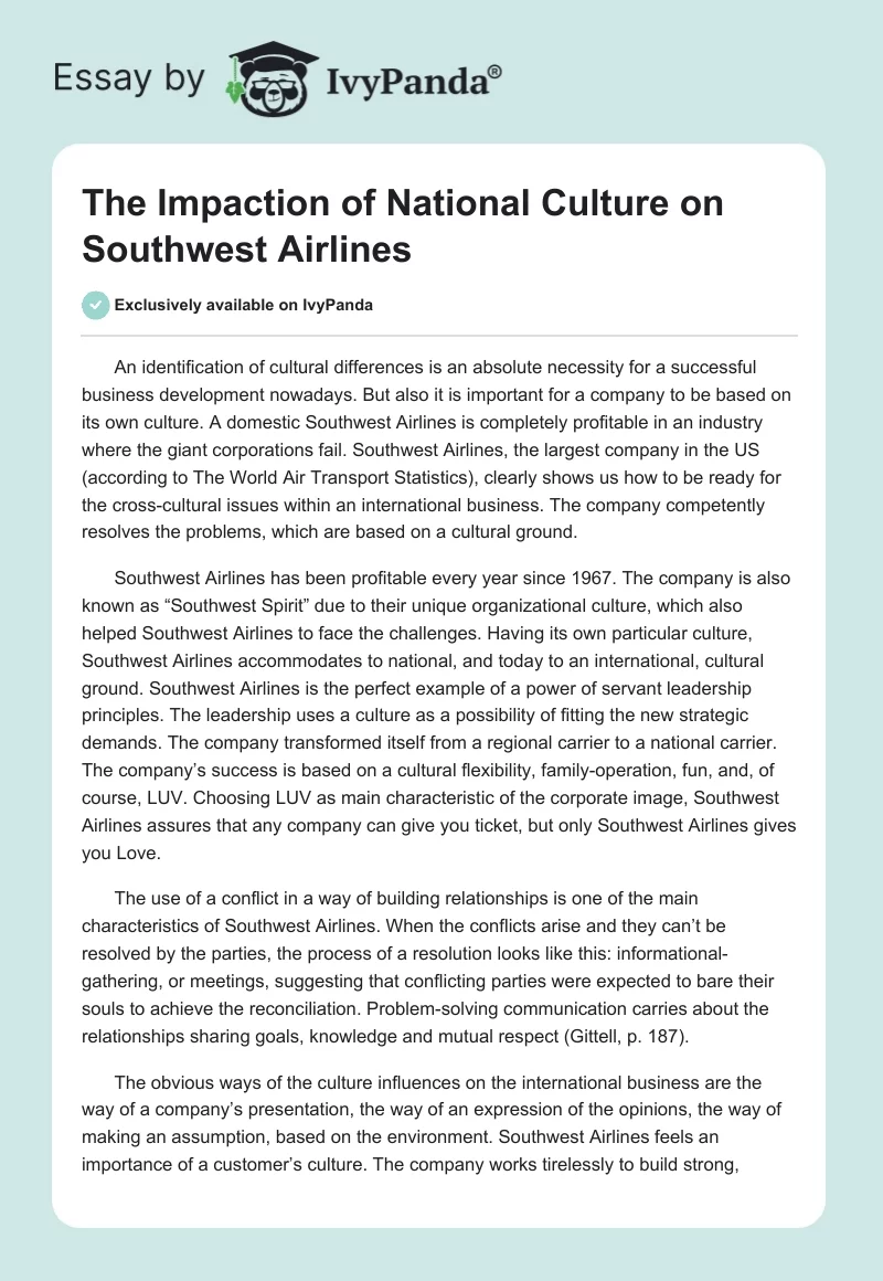 The Impaction of National Culture on Southwest Airlines. Page 1