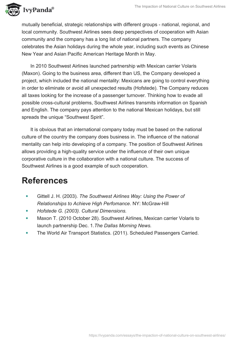 The Impaction of National Culture on Southwest Airlines. Page 2