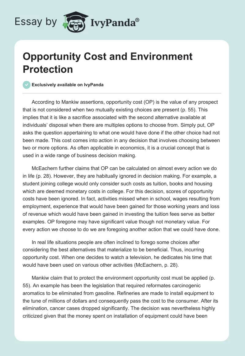 Opportunity Cost and Environment Protection. Page 1