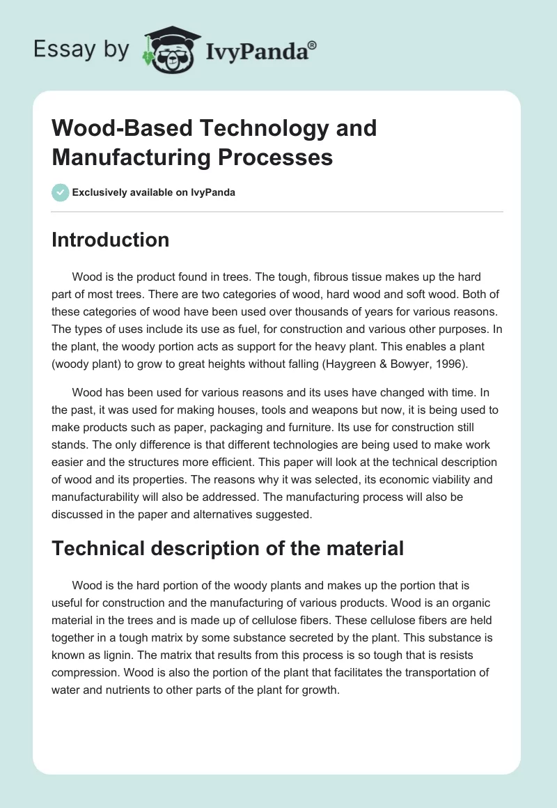 Wood-Based Technology and Manufacturing Processes. Page 1