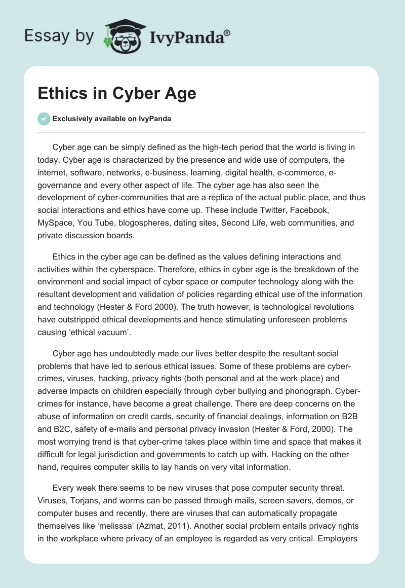 Ethics in Cyber Age. Page 1