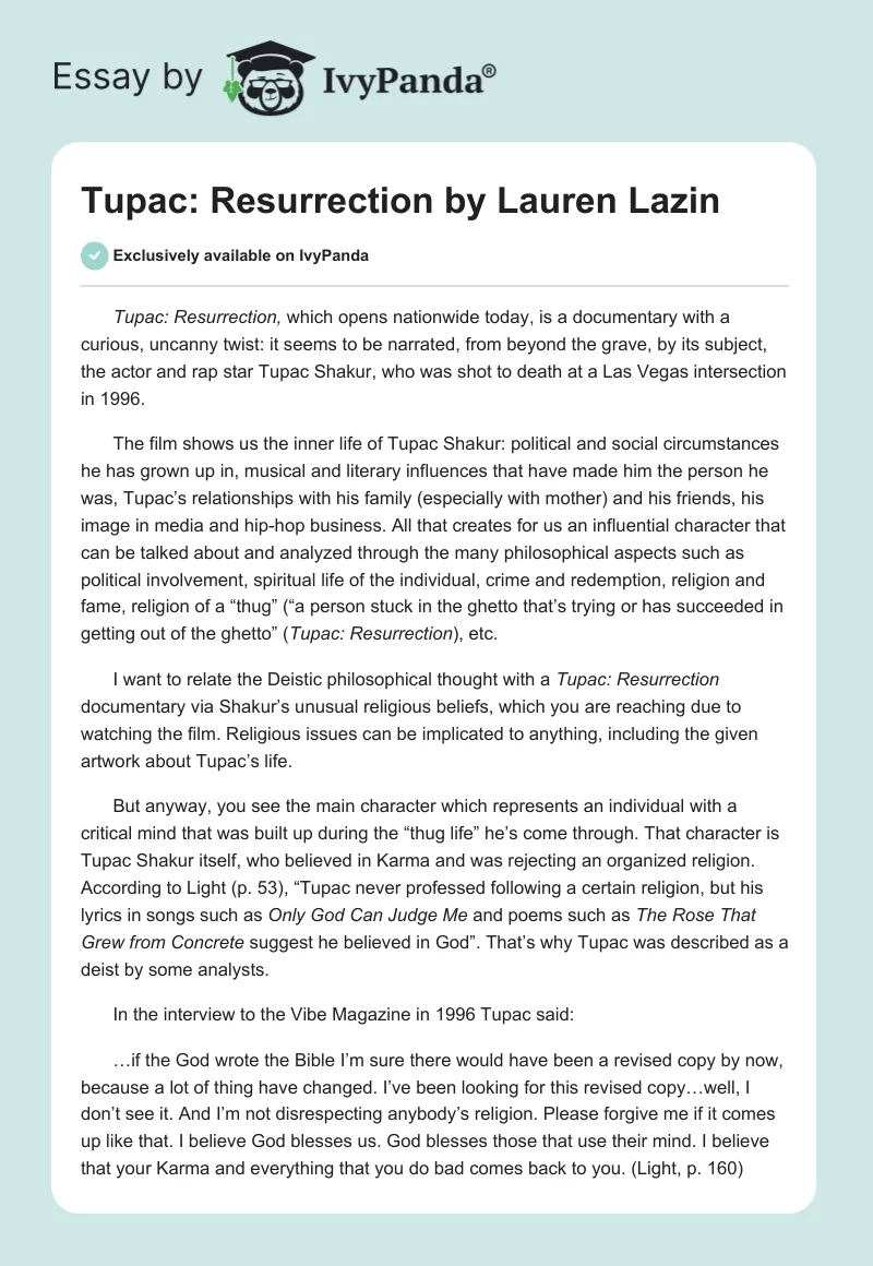 Tupac: Resurrection by Lauren Lazin. Page 1