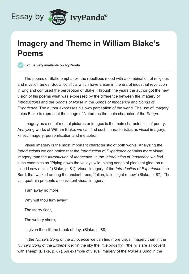 Imagery and Theme in William Blake’s Poems. Page 1