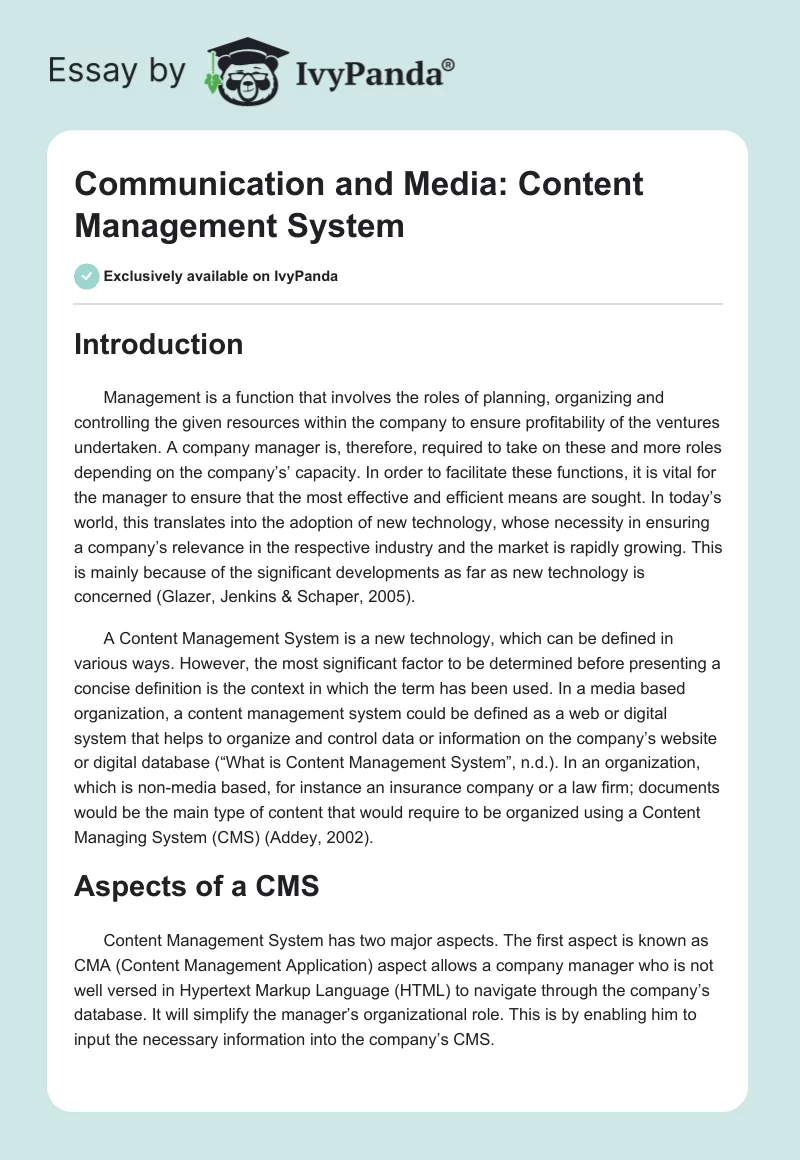 Communication and Media: Content Management System. Page 1