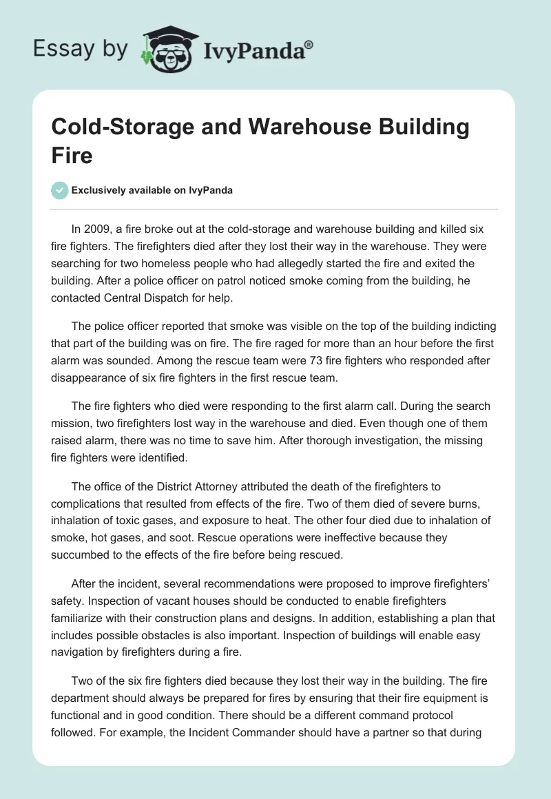 Cold-Storage and Warehouse Building Fire. Page 1