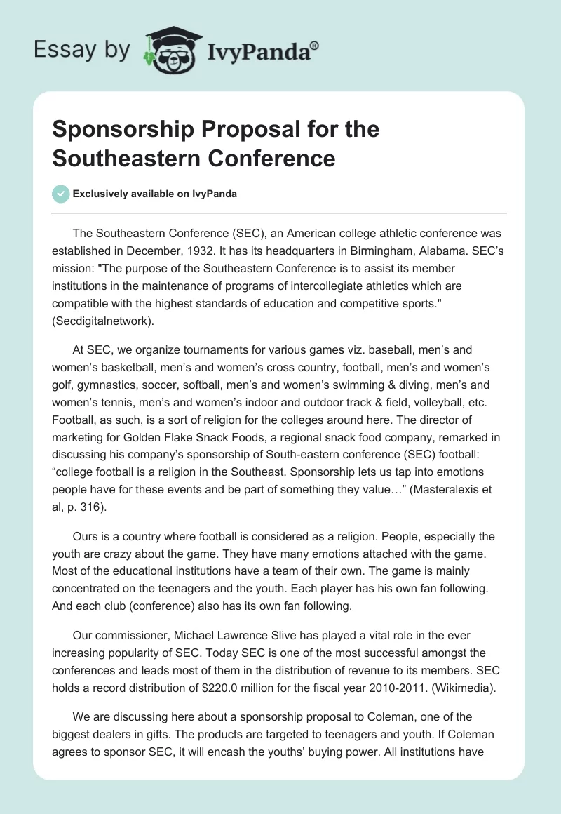 Sponsorship Proposal for the Southeastern Conference. Page 1
