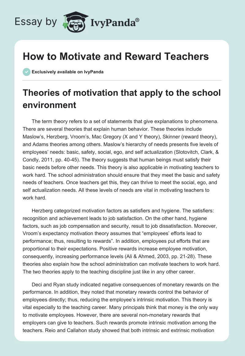 How to Motivate and Reward Teachers. Page 1