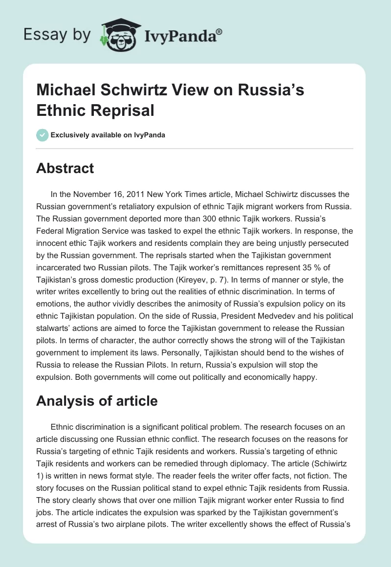 Michael Schwirtz View on Russia’s Ethnic Reprisal. Page 1