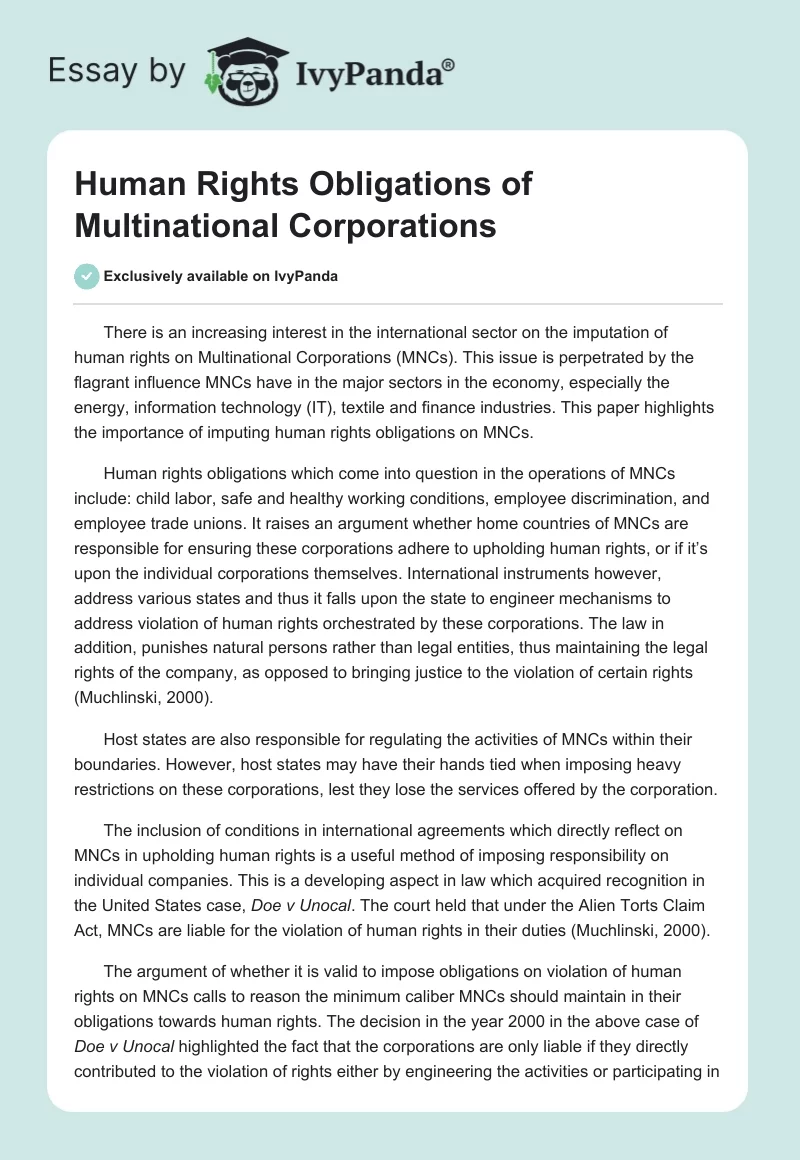 Human Rights Obligations of Multinational Corporations. Page 1