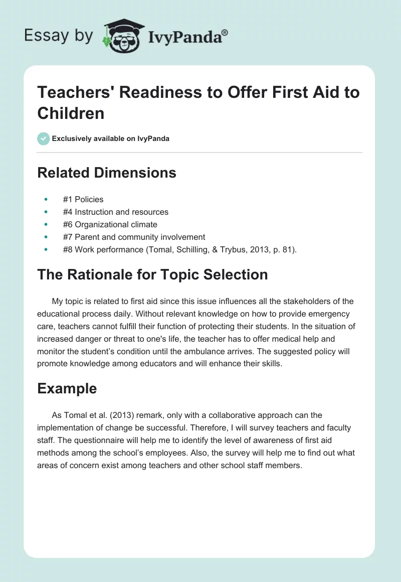 Teachers' Readiness to Offer First Aid to Children. Page 1