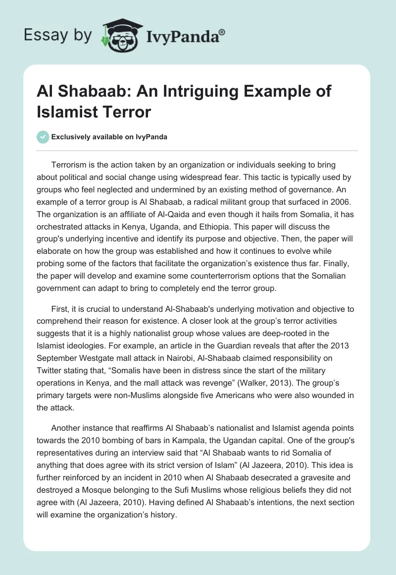 Al Shabaab: An Intriguing Example of Islamist Terror. Page 1