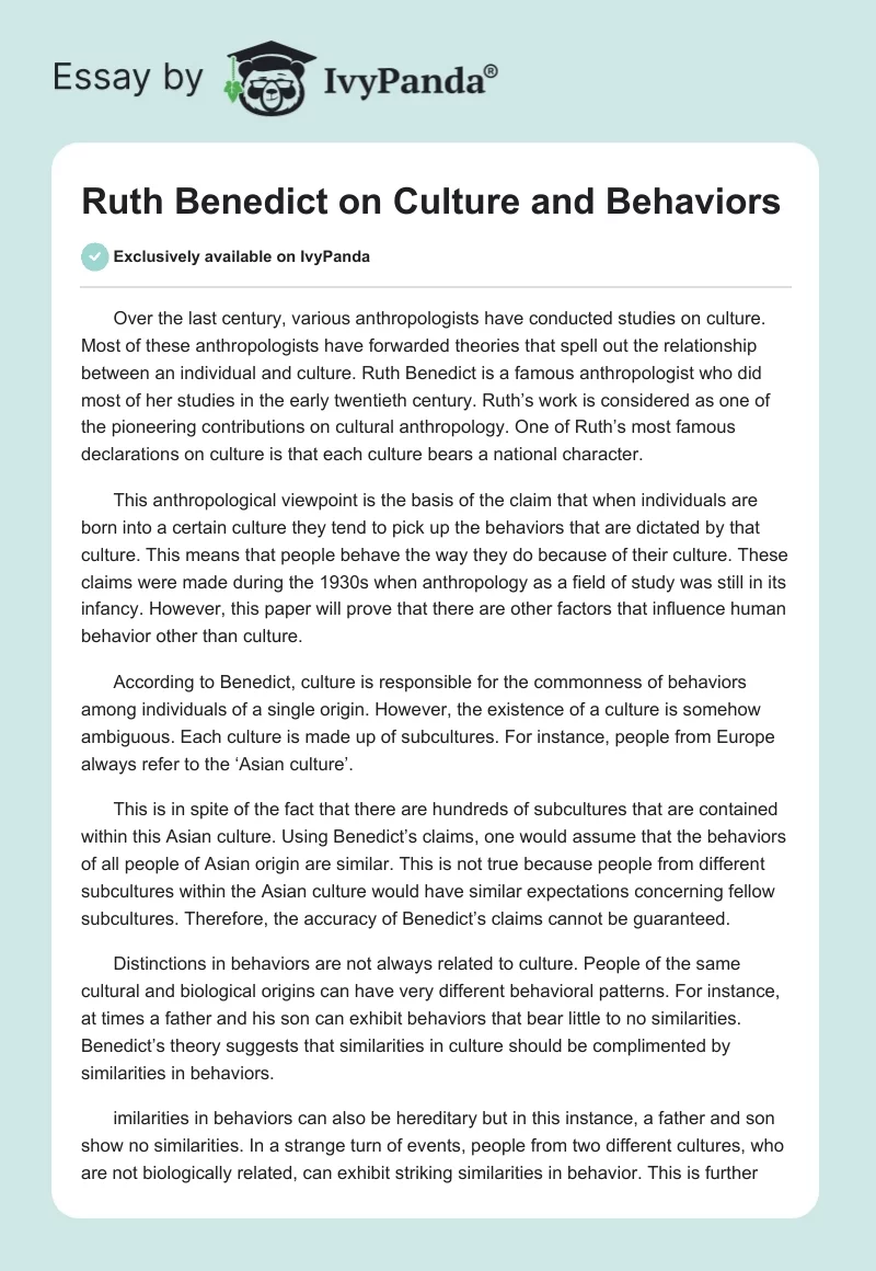 Ruth Benedict on Culture and Behaviors. Page 1